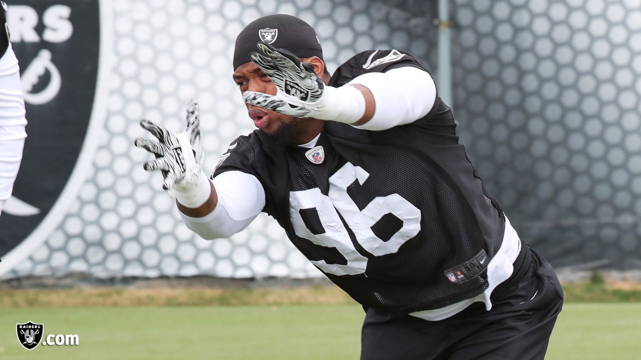 Oakland Raiders defensive end Clelin Ferrell (96) reacts after