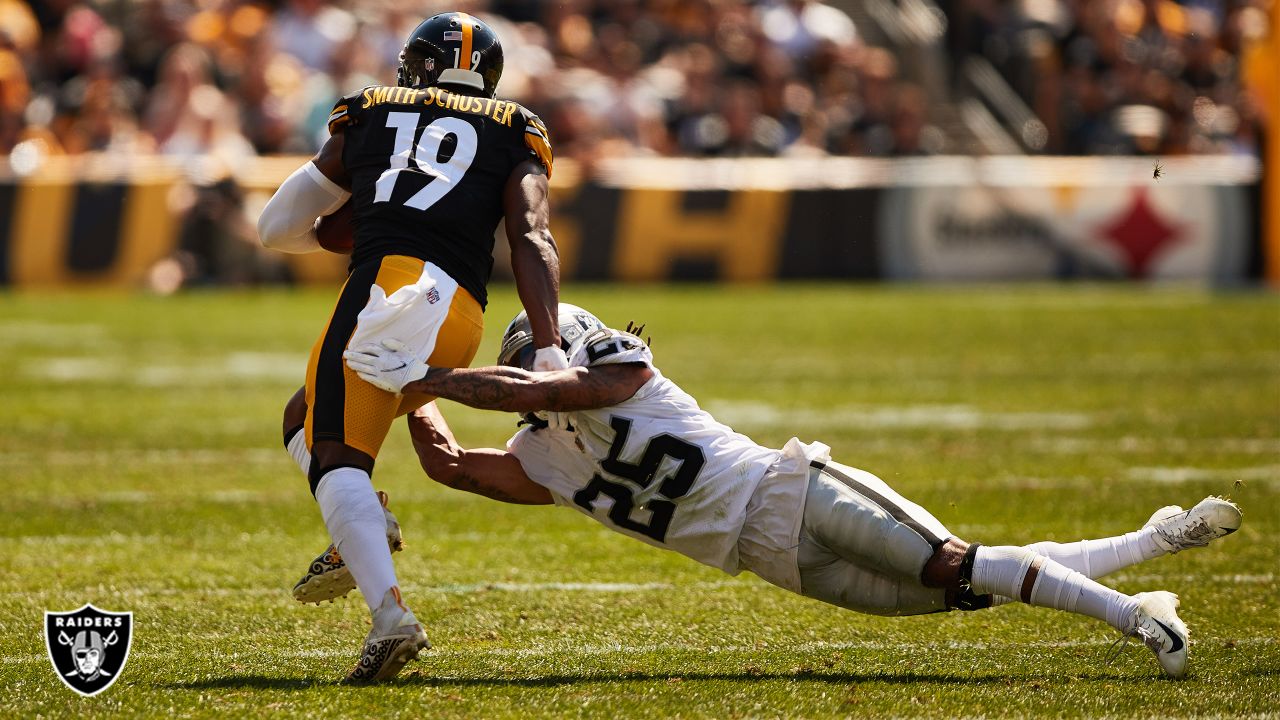 Las Vegas Raiders free safety Trevon Moehrig (25) takes down Kansas City  Chiefs running back Derrick