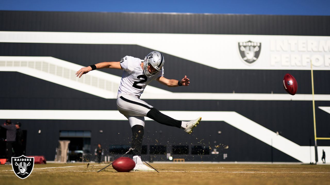 JACKSONVILLE, FL - NOVEMBER 06: Las Vegas Raiders place kicker Daniel  Carlson (2) kicks during the g