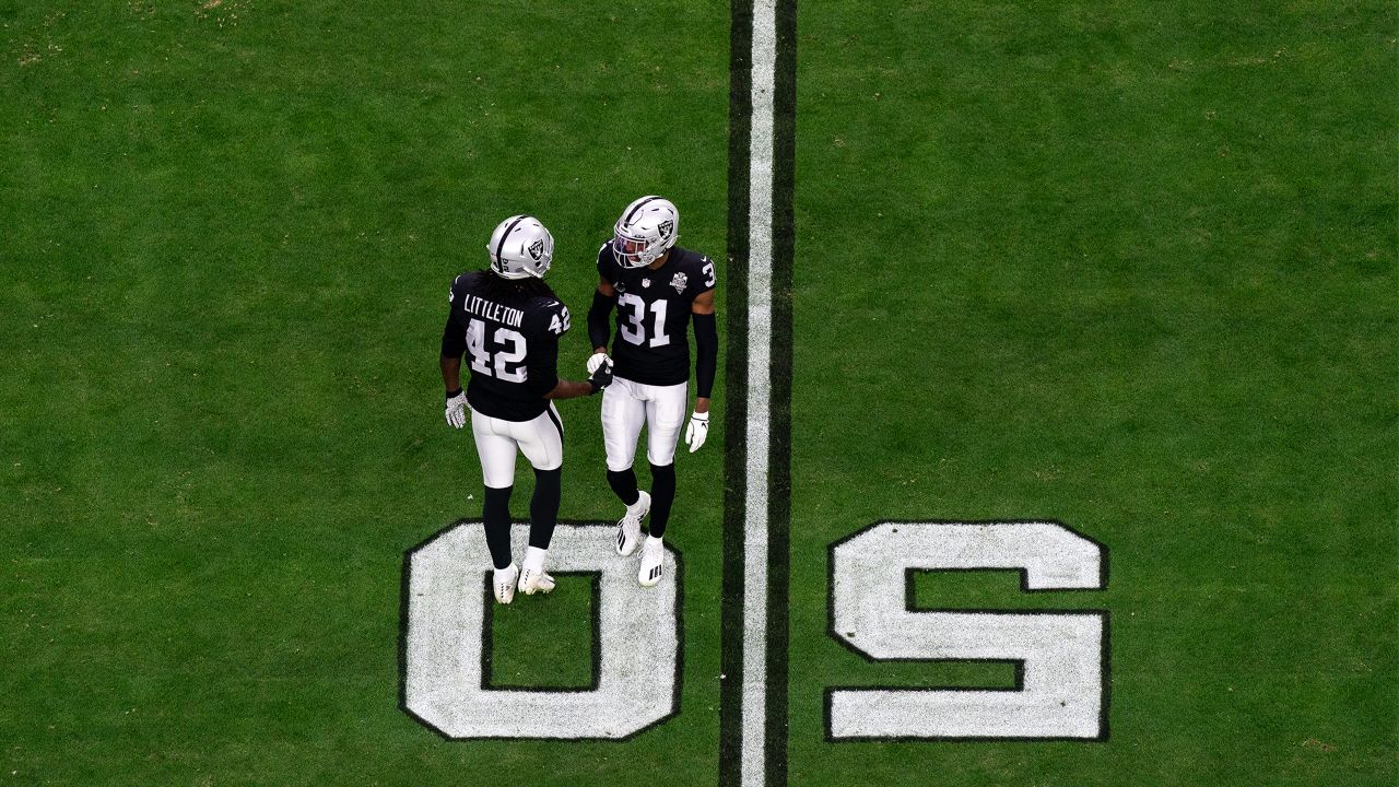 Las Vegas Raiders inside linebacker Cory Littleton (42) and Divine Deablo  (5) during the second half of an NFL football game against the Philadelphia  Eagles, Sunday, Oct. 24, 2021, in Las Vegas. (