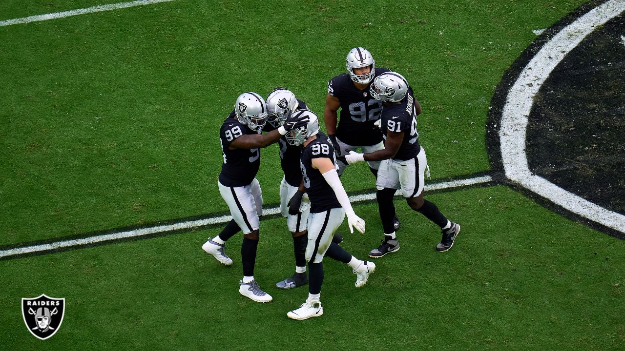 Raiders defensive end Clelin Ferrell (99) celebrates a sack with Raiders  defensive end Solomon …