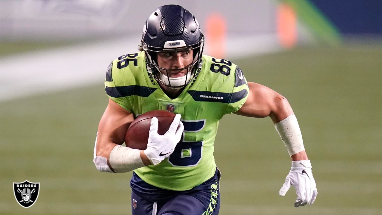 Las Vegas Raiders tight end Jacob Hollister (88) leaves the field