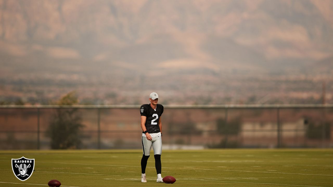 Las Vegas Raiders kicker Daniel Carlson (2) on the field during warm-ups  before the start of an NFL football game against the Los Angeles Chargers,  Sunday, September 11, 2022 in Inglewood, Calif.