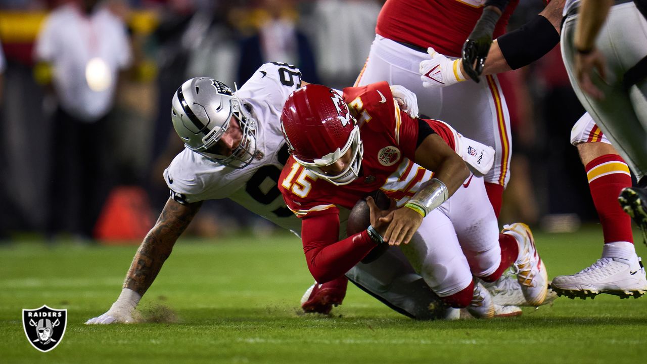 Las Vegas Raiders defensive end Maxx Crosby (98) looks on from the sideline  during an NFL Wild-Card Playoff football game against the Cincinnati  Bengals, Saturday, Jan. 15, 2022. The Bengals defeated the