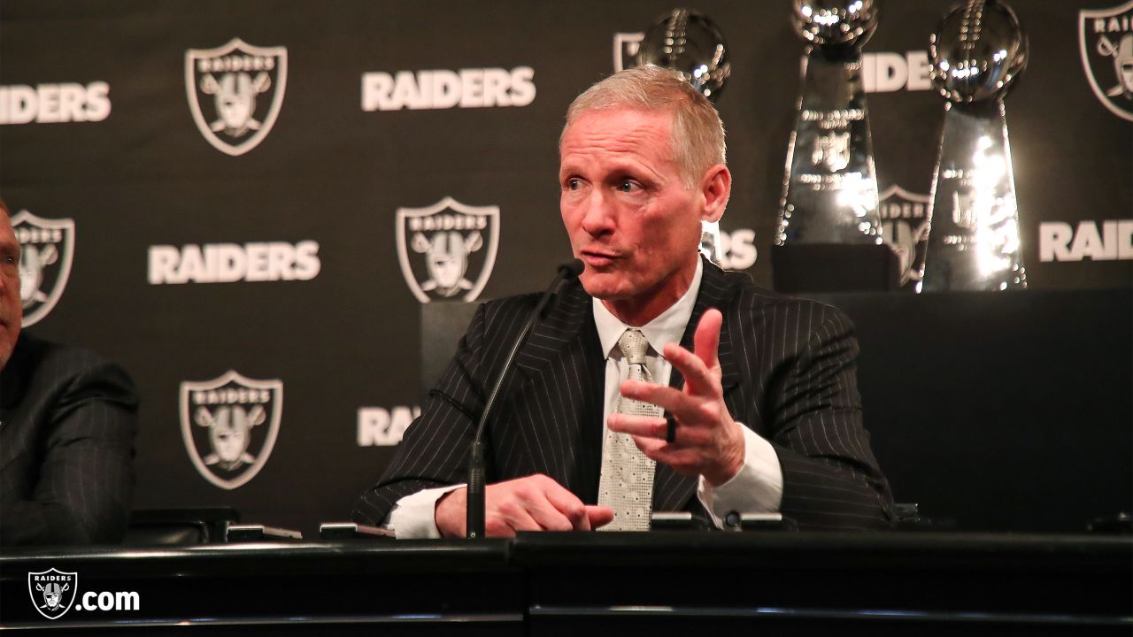 Mike Mayock smiles as at a news conference where he was introduced as the  new Oakland Raiders general manager at the team's headquarters in Oakland,  Calif., Monday, Dec. 31, 2018. (AP Photo/Jeff