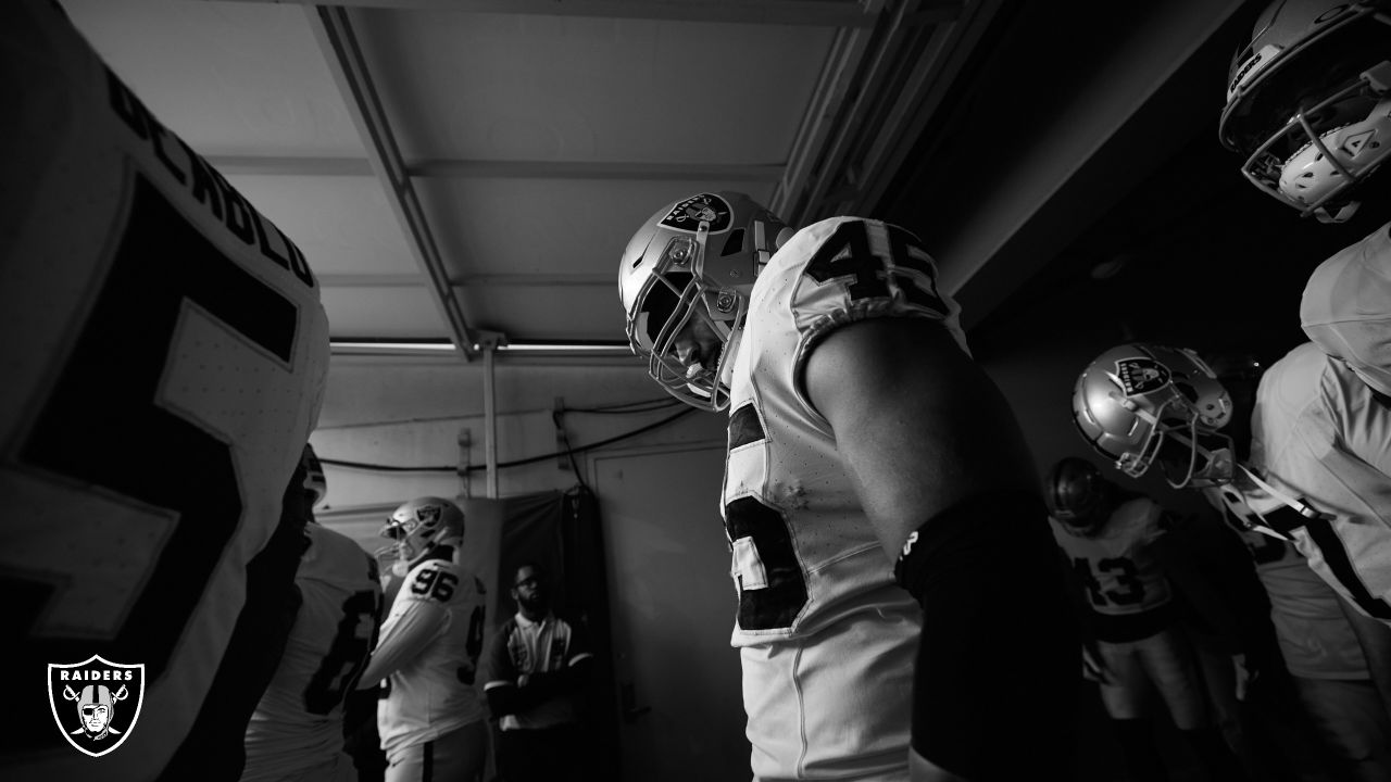 Las Vegas Raiders fullback Jakob Johnson (45) leaves the field against the  Indianapolis Colts during the