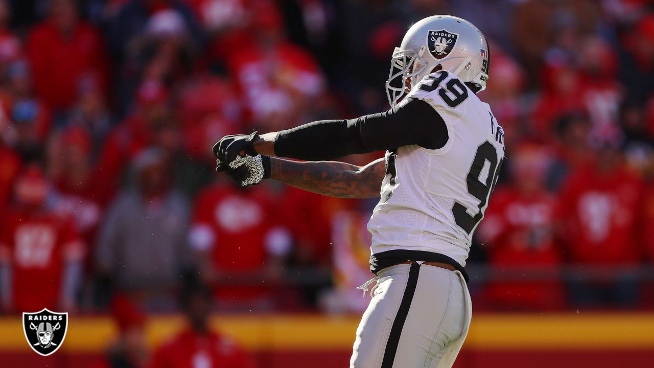 Raiders defensive end Clelin Ferrell (99) celebrates a sack with