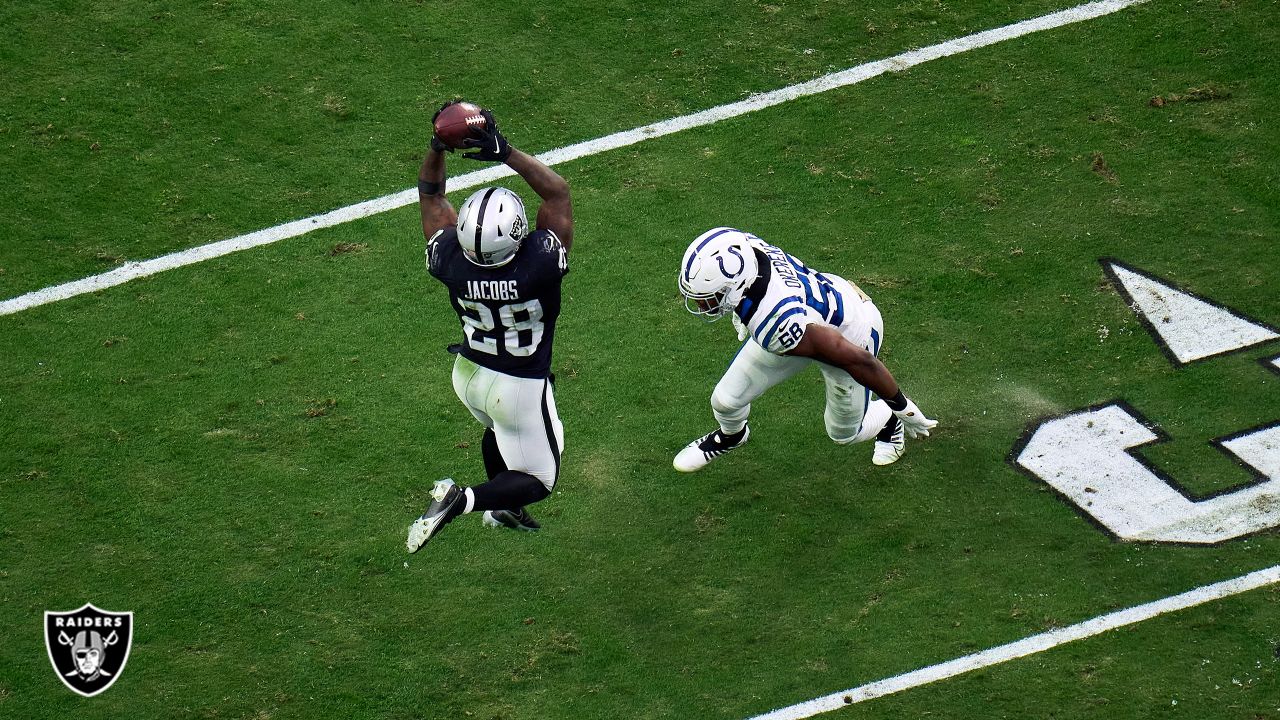 Las Vegas Raiders running back Josh Jacobs (28) during the first half of an  NFL football game against the New England Patriots, Sunday, Sept. 27, 2020,  in Foxborough, Mass. (AP Photo/Stew Milne