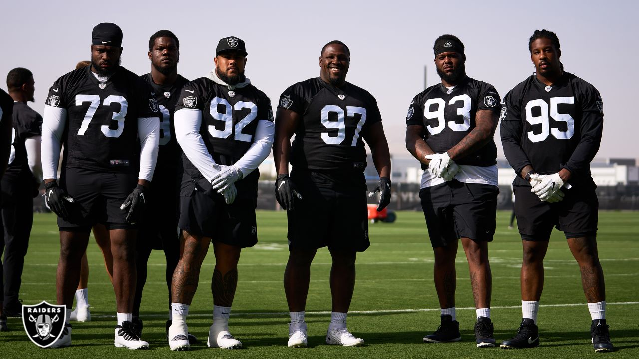 NASHVILLE, TN - SEPTEMBER 25: Las Vegas Raiders offensive tackle Thayer  Munford Jr. (77) looks on during warmups before the game between the  Tennessee Titans and the Las Vegas Raiders on September