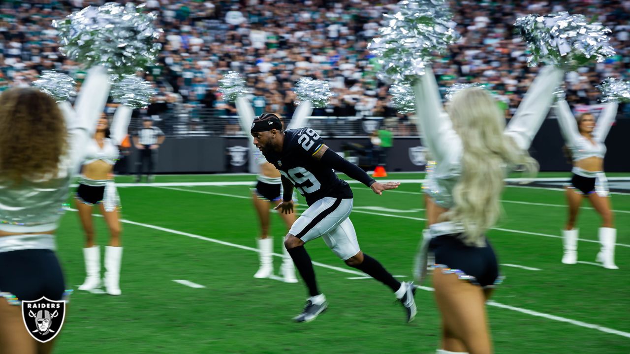 Las Vegas Raiders cornerback Casey Hayward (29) is pumped after a safety  during the first half …