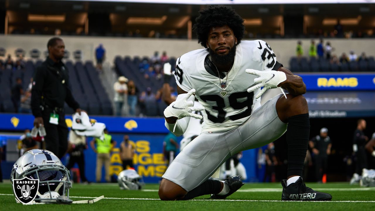 Las Vegas Raiders cornerback Nate Hobbs (39) is seen during warm