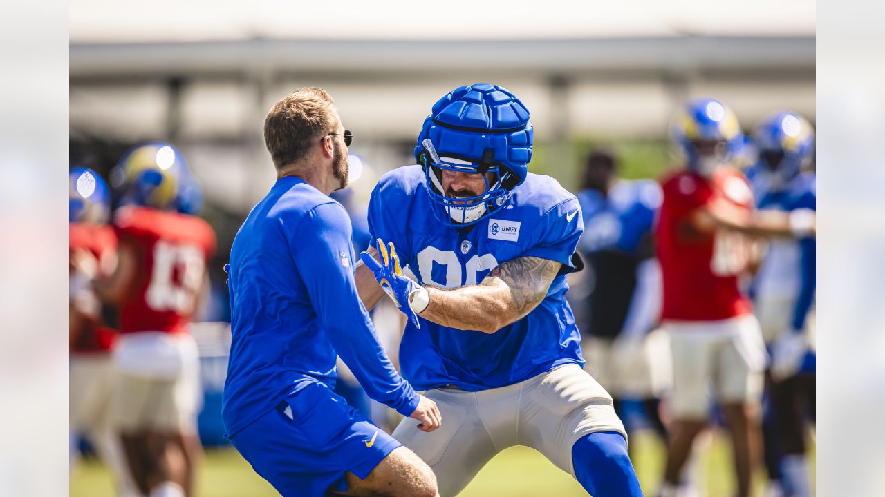 Tyler Higbee of the Los Angeles Rams warms up prior to the game