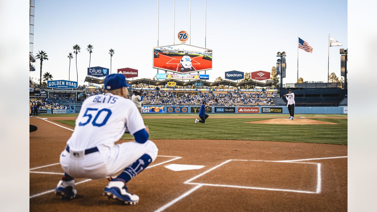 PHOTOS: Matthew Stafford throws first pitch for Rams Day at Dodger Stadium