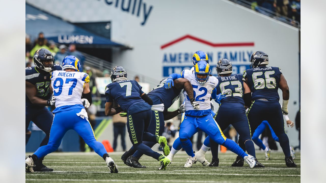 Los Angeles Rams offensive tackle Alaric Jackson (77) blocks during an NFL  football game against the Seattle Seahawks, Sunday, Sept. 10, 2023 in  Seattle. The Rams won 30-13. (AP Photo/Ben VanHouten Stock Photo - Alamy