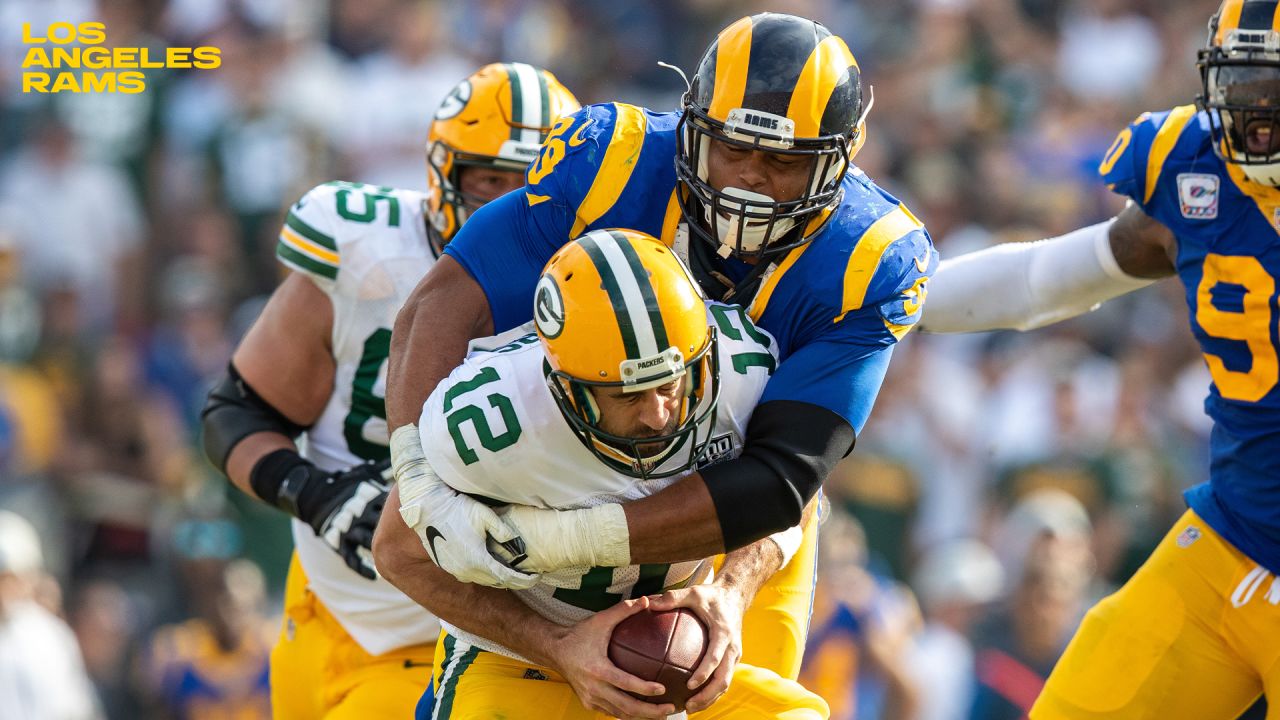 GREEN BAY, WI - NOVEMBER 28: Los Angeles Rams defensive end Aaron Donald  (99) reacts to a play during a game between the Green Bay Packers and the Los  Angeles Rams at