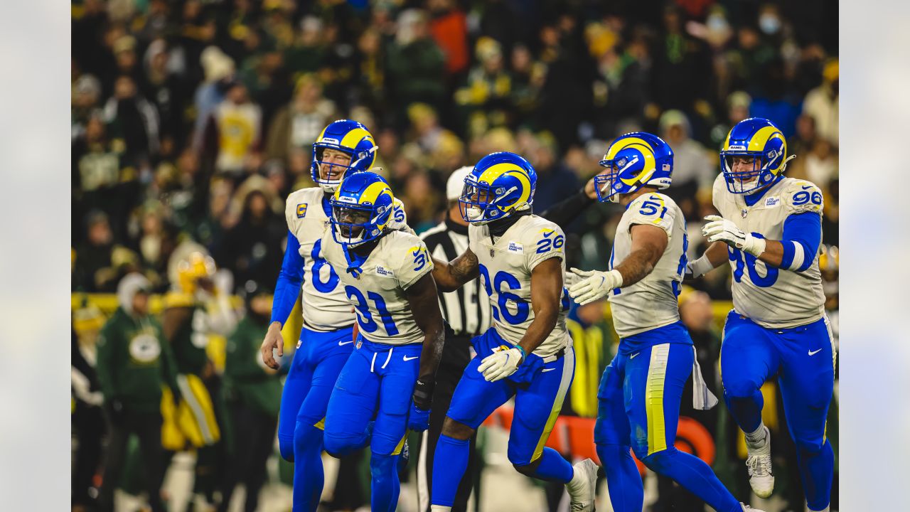 GREEN BAY, WI - NOVEMBER 28: Los Angeles Rams defensive end Aaron Donald  (99) reacts to a play during a game between the Green Bay Packers and the Los  Angeles Rams at