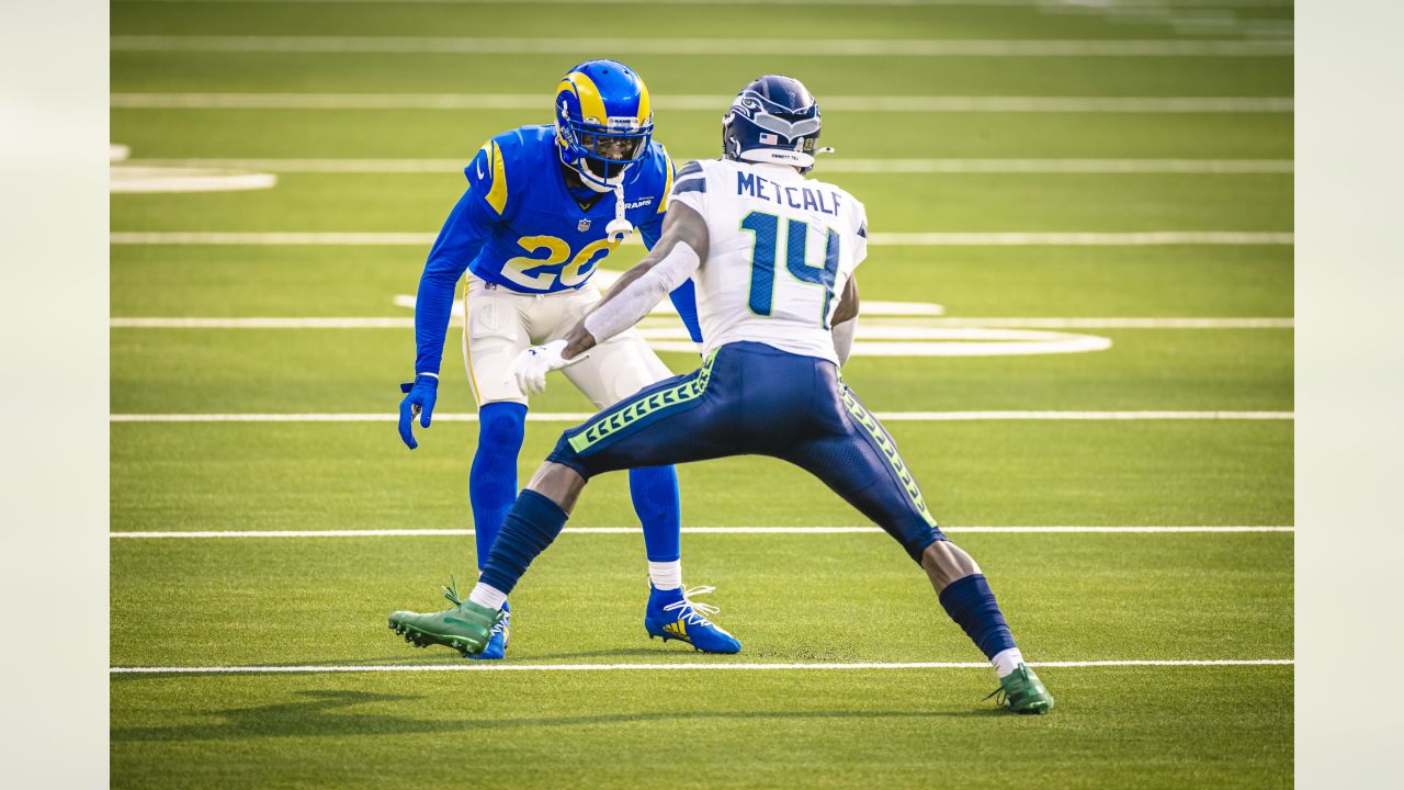 Los Angeles Rams cornerback Jalen Ramsey (5) defends against Seattle  Seahawks wide receiver DK Metcalf (14)