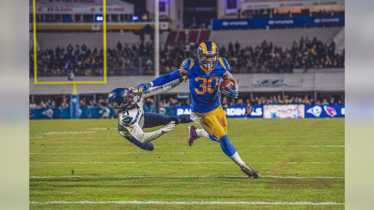 Los Angeles Rams wide receiver Cooper Kupp. Left, celebrates after scoring  with running back Todd Gurley during the first half in an NFL football game  against the Minnesota Vikings Thursday, Sept. …