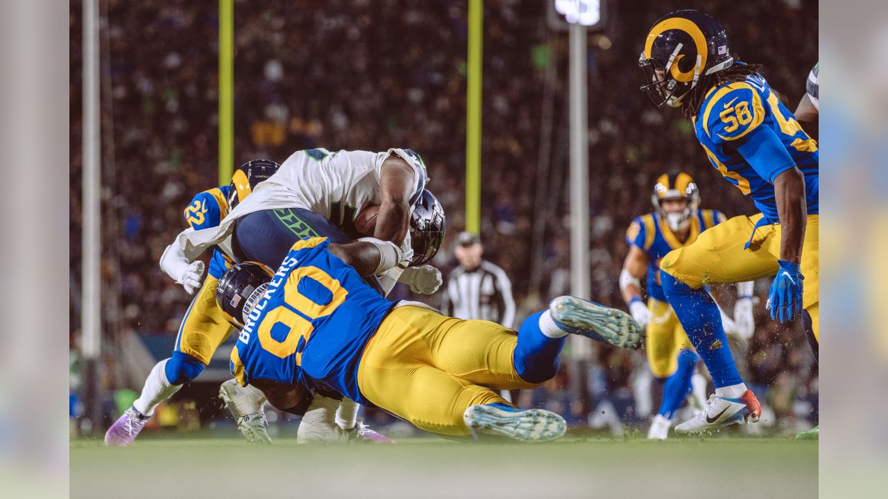 Los Angeles Rams defensive end Michael Brockers (90) celebrates after the  Rams beat the Kansas City Chiefs 54-51 in an NFL football game, Monday,  Nov. 19, 2018, in Los Angeles. (AP Photo/Marcio