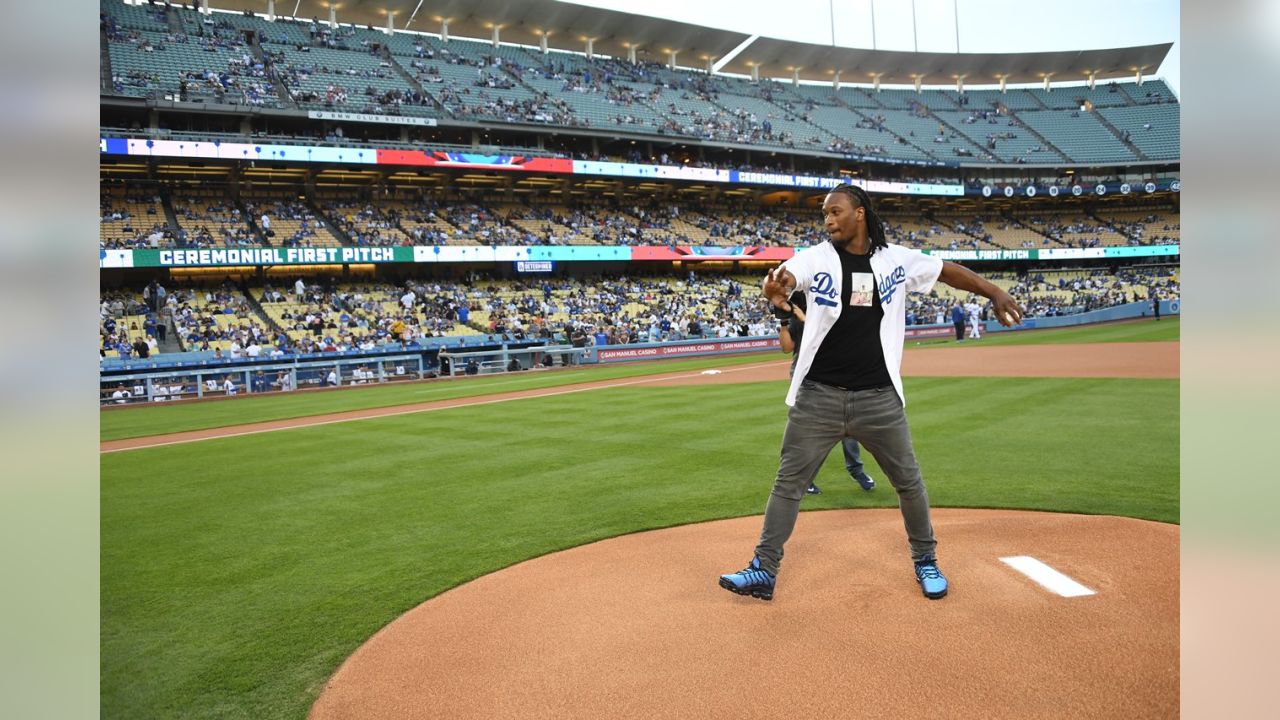 Todd Gurley Throws Out First Pitch for Los Angeles Dodgers