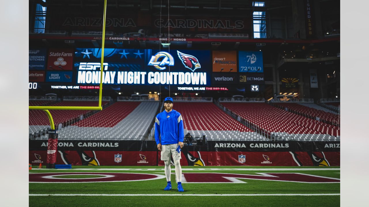 Wide Receiver (18) Ben Skowronek of the Los Angeles Rams warms up before  playing against the Arizona Cardinals in an NFL football game, Monday, Dec.  13, 2021, in Glendale, AZ. The Rams