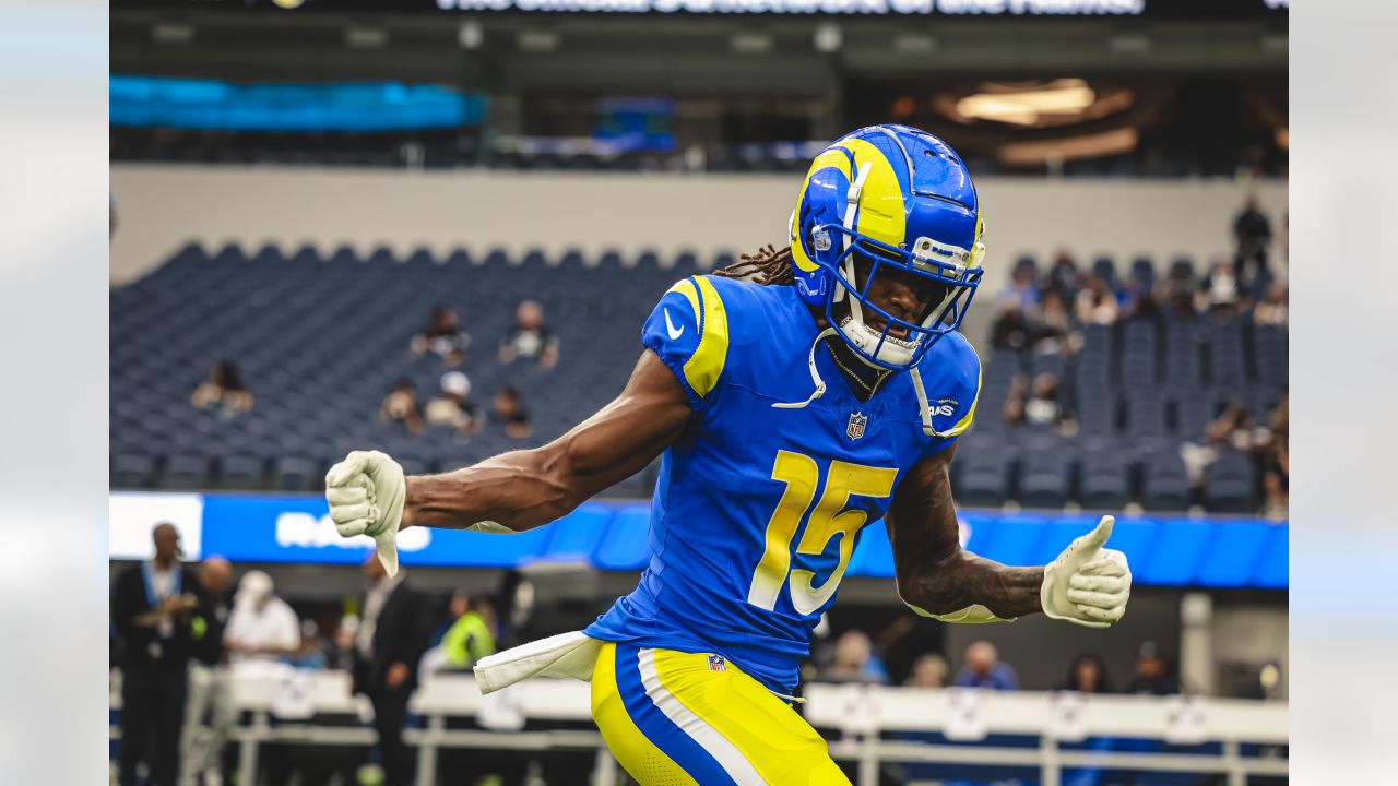 Los Angeles Rams wide receiver Puka Nacua (17) warms up before an NFL  preseason football game Saturday, Aug. 26, 2023, in Denver. (AP Photo/David  Zalubowski Stock Photo - Alamy