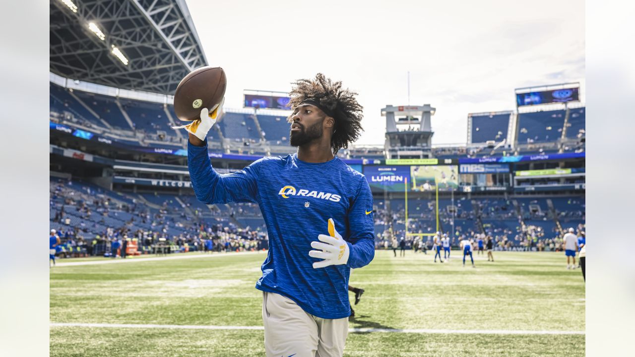 Los Angeles Rams cornerback Cobie Durant (14) gets set during an NFL  football game against the Seattle Seahawks, Sunday, Jan. 8, 2023, in  Seattle, WA. The Seahawks defeated the Rams in overtime