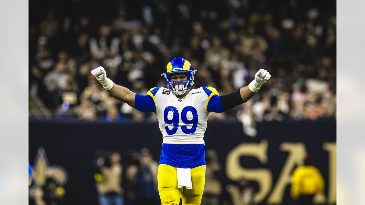 CINCINNATI, OH - AUGUST 27: Los Angeles Rams defensive tackle Aaron Donald ( 99) before the game against the Los Angeles Rams and the Cincinnati Bengals  on August 27, 2022, at Paycor Stadium