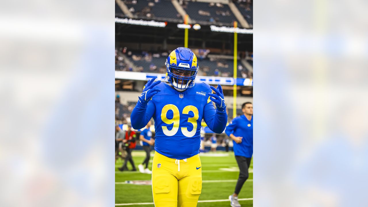 Linebacker Jake Hummel of the Los Angeles Rams intercepts a pass