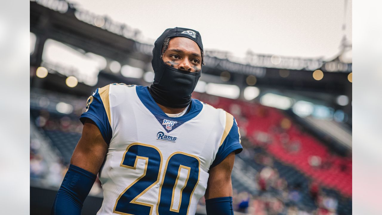 Los Angeles Rams cornerback Jalen Ramsey (20) warms up before the