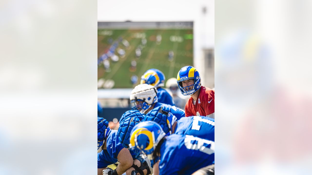 Detailed view of Los Angeles Rams helmets during training camp on Thursday,  Aug 19, 2021, in Thousand Oaks, Calif. (Dylan Stewart/Image of Sport Stock  Photo - Alamy