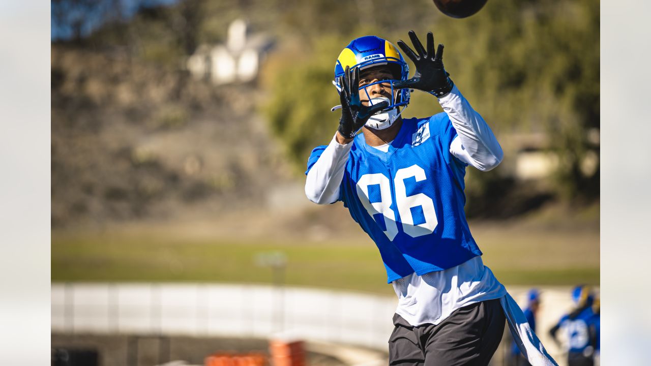 Wide Receiver (18) Ben Skowronek of the Los Angeles Rams warms up before  playing against the Arizona Cardinals in an NFL football game, Monday, Dec.  13, 2021, in Glendale, AZ. The Rams