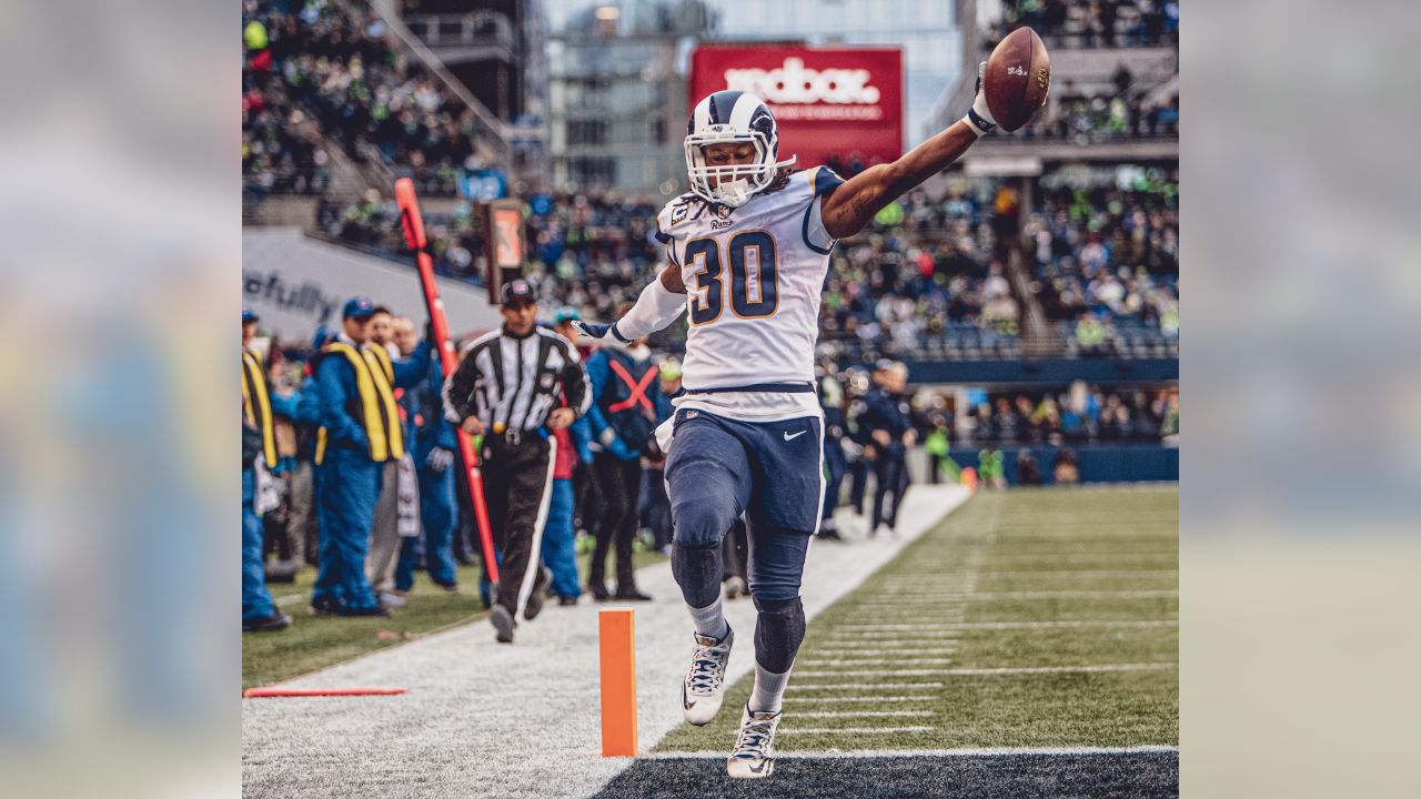 Los Angeles Rams running back Todd Gurley II (30) gains yards on a run  during an NFL football game against the New Orleans Saints, Sunday,  September 15, 2019 in Los Angeles. The