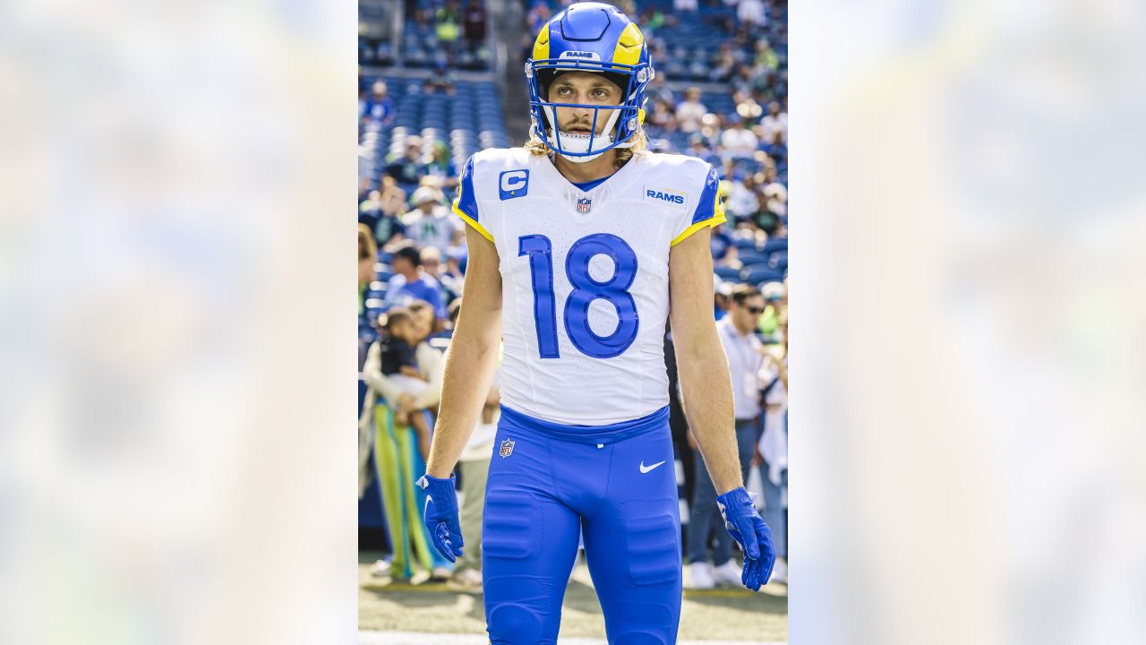 Los Angeles Rams cornerback Cobie Durant (14) gets set during an NFL  football game against the Seattle Seahawks, Sunday, Jan. 8, 2023, in  Seattle, WA. The Seahawks defeated the Rams in overtime