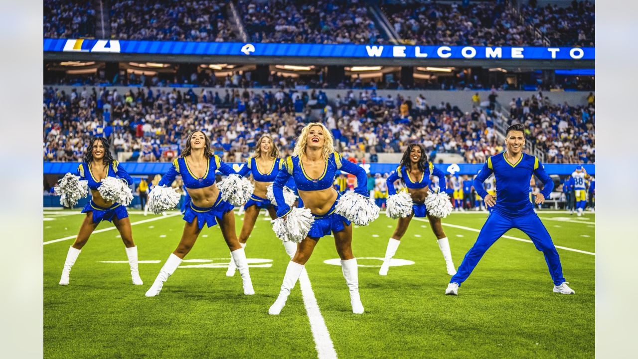 Los Angeles Rams cheerleaders on the field during a break in the