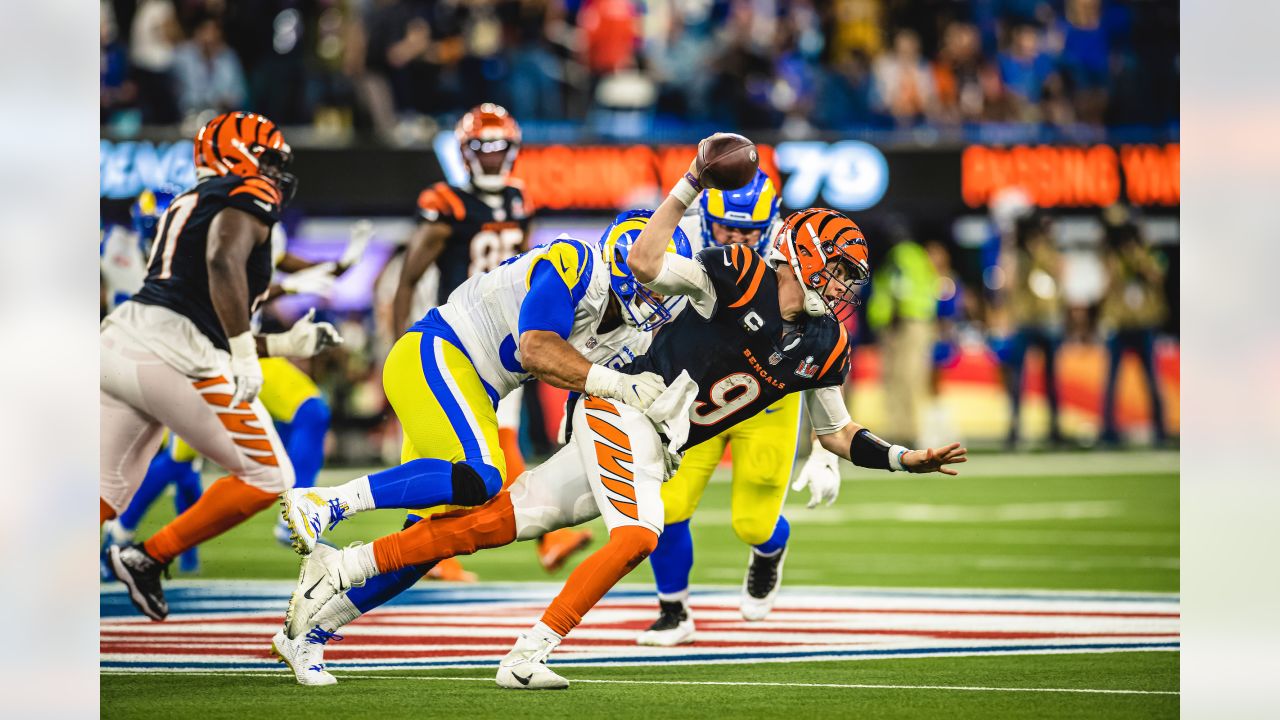 Inglewood, California, USA. 13th Feb, 2022. Los Angeles Rams defensive  tackle Aaron Donald (99) celebrates his game winning sack of Cincinnati  Bengals quarterback Joe Burrow (9) during Super Bowl 56 LVI NFL