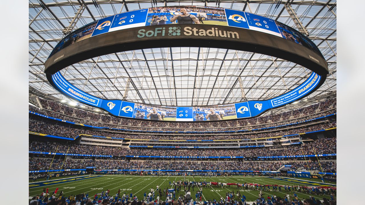 Dwayne Johnson, aka The Rock, looks onto the field before the Los Angeles  Rams play the Buffalo Bills during an NFL football game Thursday, Sept. 8,  2021, in Inglewood, Calif. (AP Photo/John