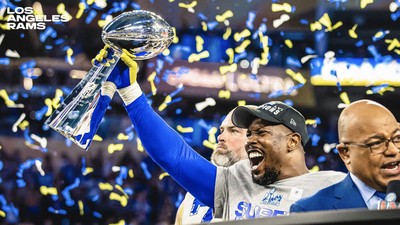 Los Angeles Rams linebacker Von Miller (40) holds up the Lombardi