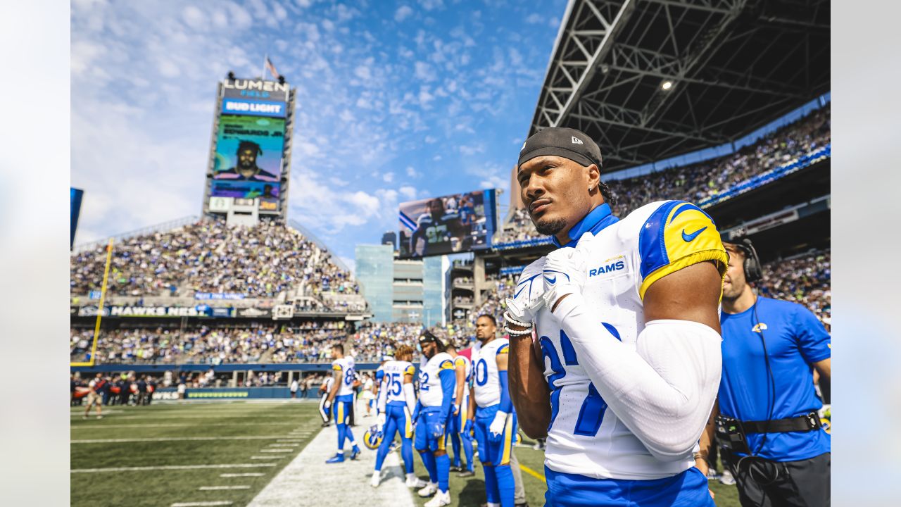 Los Angeles Rams cornerback Cobie Durant (14) gets set during an NFL  football game against the Seattle Seahawks, Sunday, Jan. 8, 2023, in  Seattle, WA. The Seahawks defeated the Rams in overtime