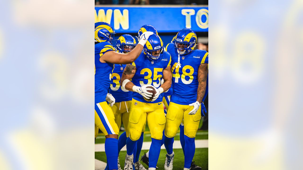 Linebacker Jake Hummel of the Los Angeles Rams intercepts a pass