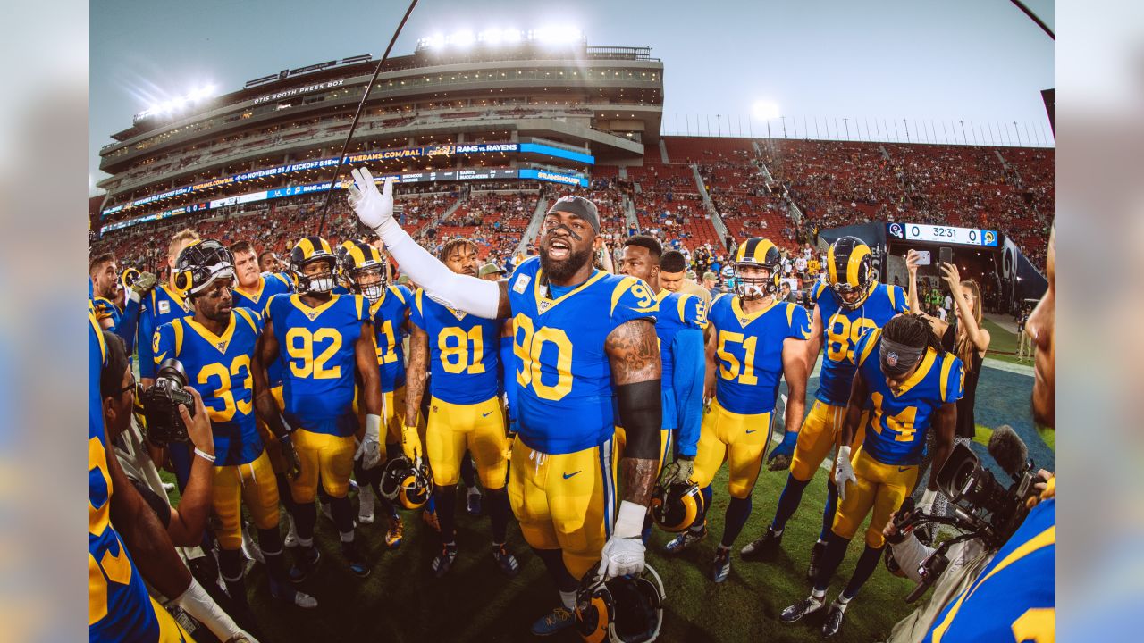 Los Angeles Rams defensive end Michael Brockers (90) celebrates after the  Rams beat the Kansas City Chiefs 54-51 in an NFL football game, Monday,  Nov. 19, 2018, in Los Angeles. (AP Photo/Marcio