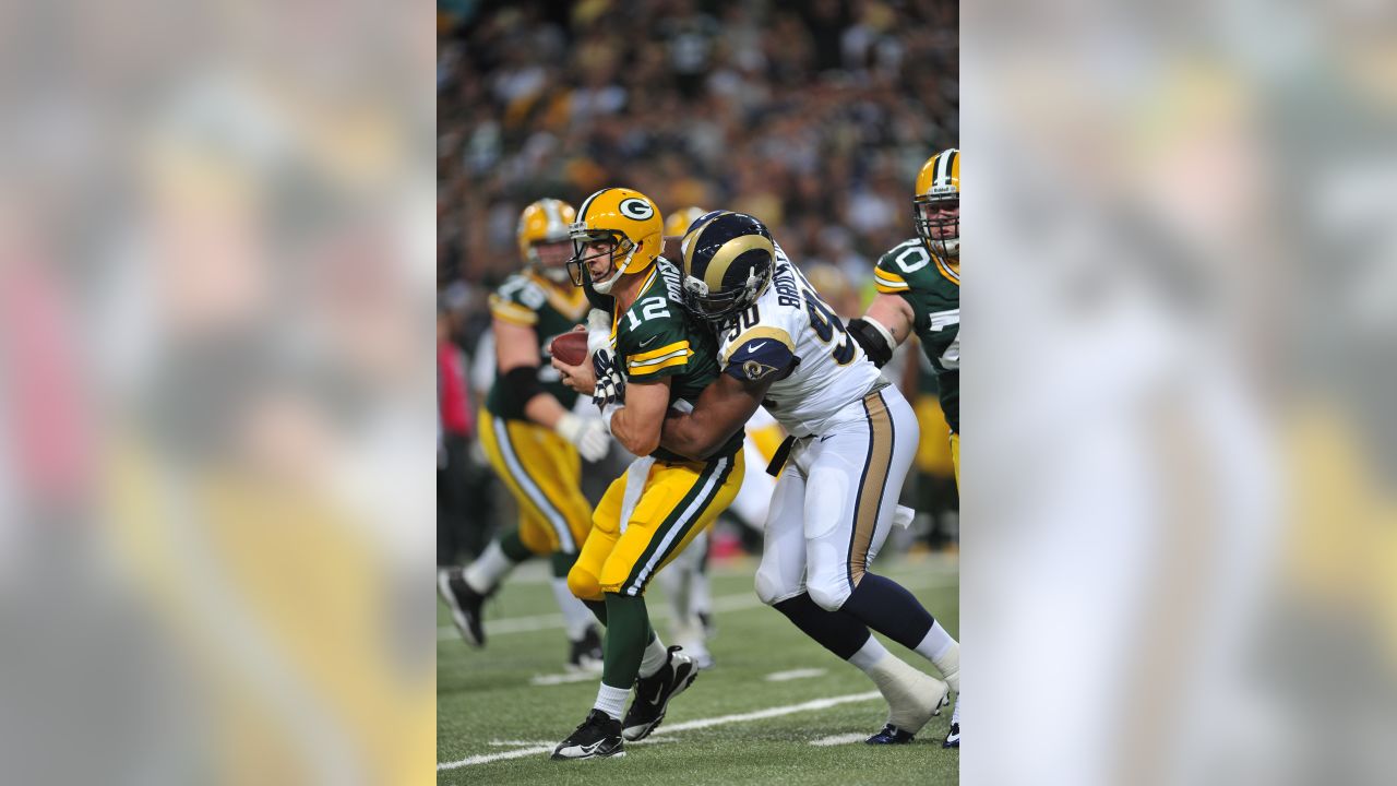 GREEN BAY, WI - NOVEMBER 28: Los Angeles Rams defensive end Aaron Donald  (99) reacts to a play during a game between the Green Bay Packers and the  Los Angeles Rams at