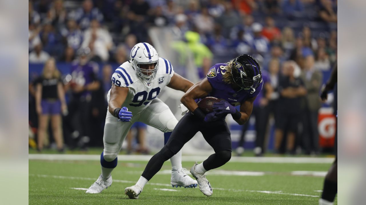 August 20, 2018: Baltimore Ravens offensive lineman Ronnie Stanley (79)  during NFL football preseason game action between the Baltimore Ravens and  the Indianapolis Colts at Lucas Oil Stadium in Indianapolis, Indiana.  Baltimore