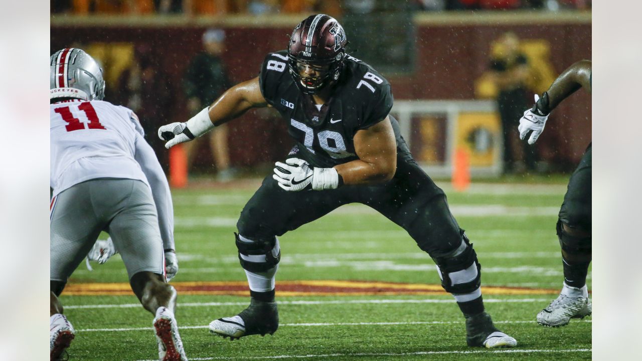 Minnesota offensive lineman Daniel Faalele (78) looks to make a block  during the first half of an NCAA college football game against Iowa,  Saturday, Nov. 13, 2021, in Iowa City, Iowa. (AP