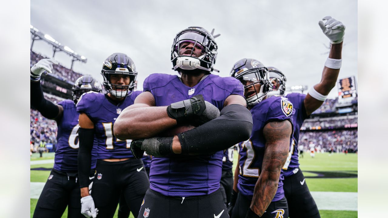 Cleveland Browns vs. Baltimore Ravens . NFL Game. American Football League  match. Silhouette of professional player celebrate touch down. Screen in ba  Stock Photo - Alamy