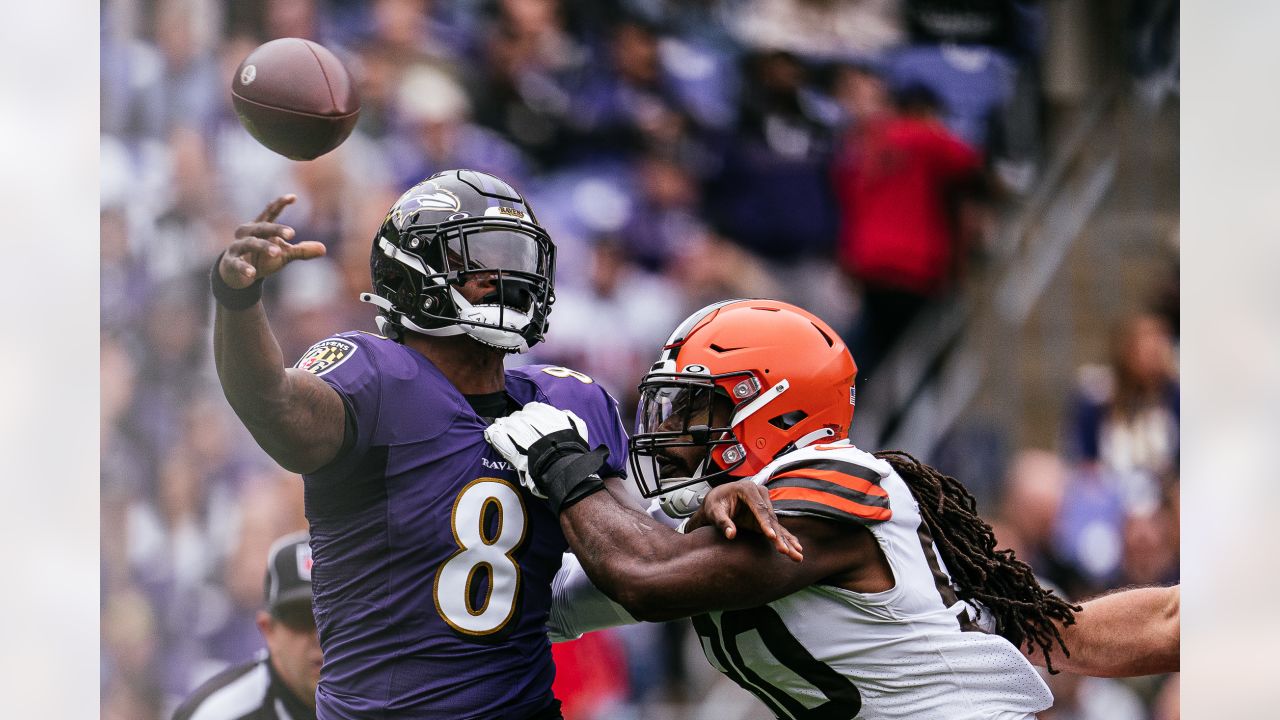 Cleveland Browns vs. Baltimore Ravens . NFL Game. American Football League  match. Silhouette of professional player celebrate touch down. Screen in ba  Stock Photo - Alamy