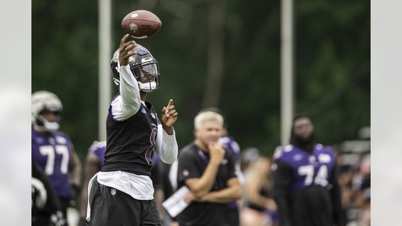 Baltimore Ravens quarterback Lamar Jackson (8) works out during the team's  NFL football training camp, Saturday, July 29, 2023, in Baltimore. (AP  Photo/Nick Wass Stock Photo - Alamy