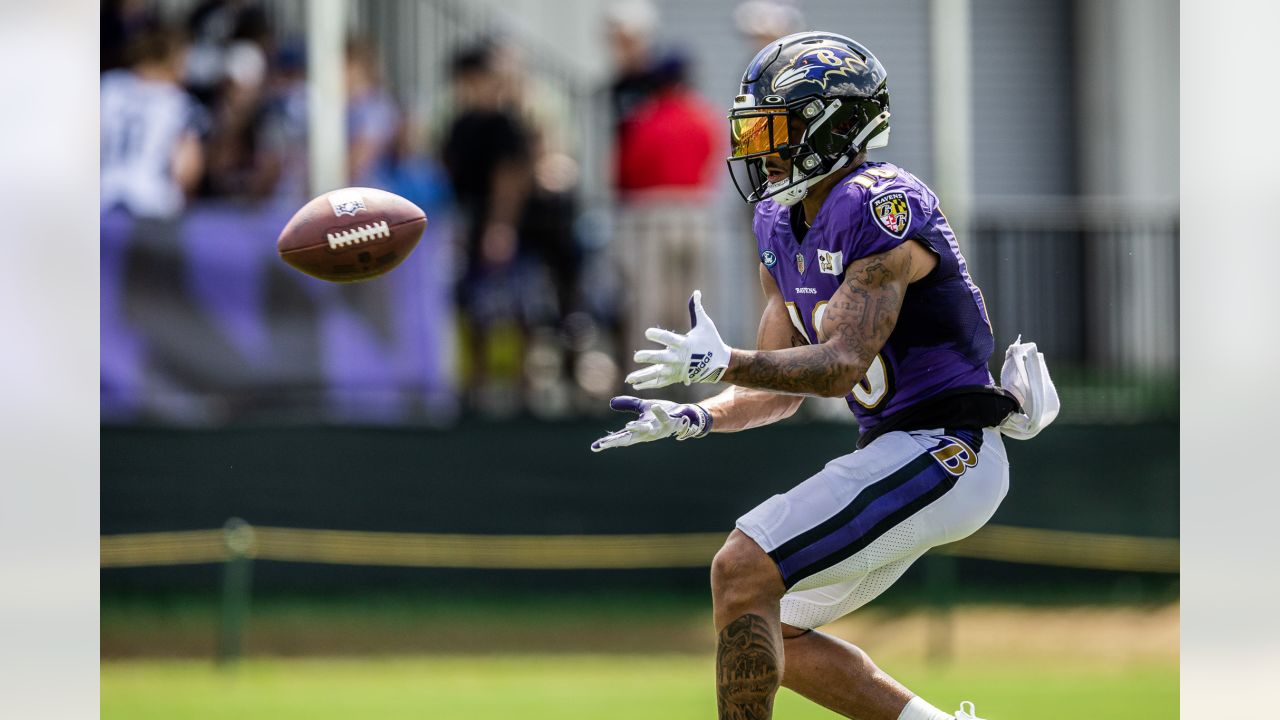 Baltimore Ravens wide receiver Jaylon Moore warms up prior to an