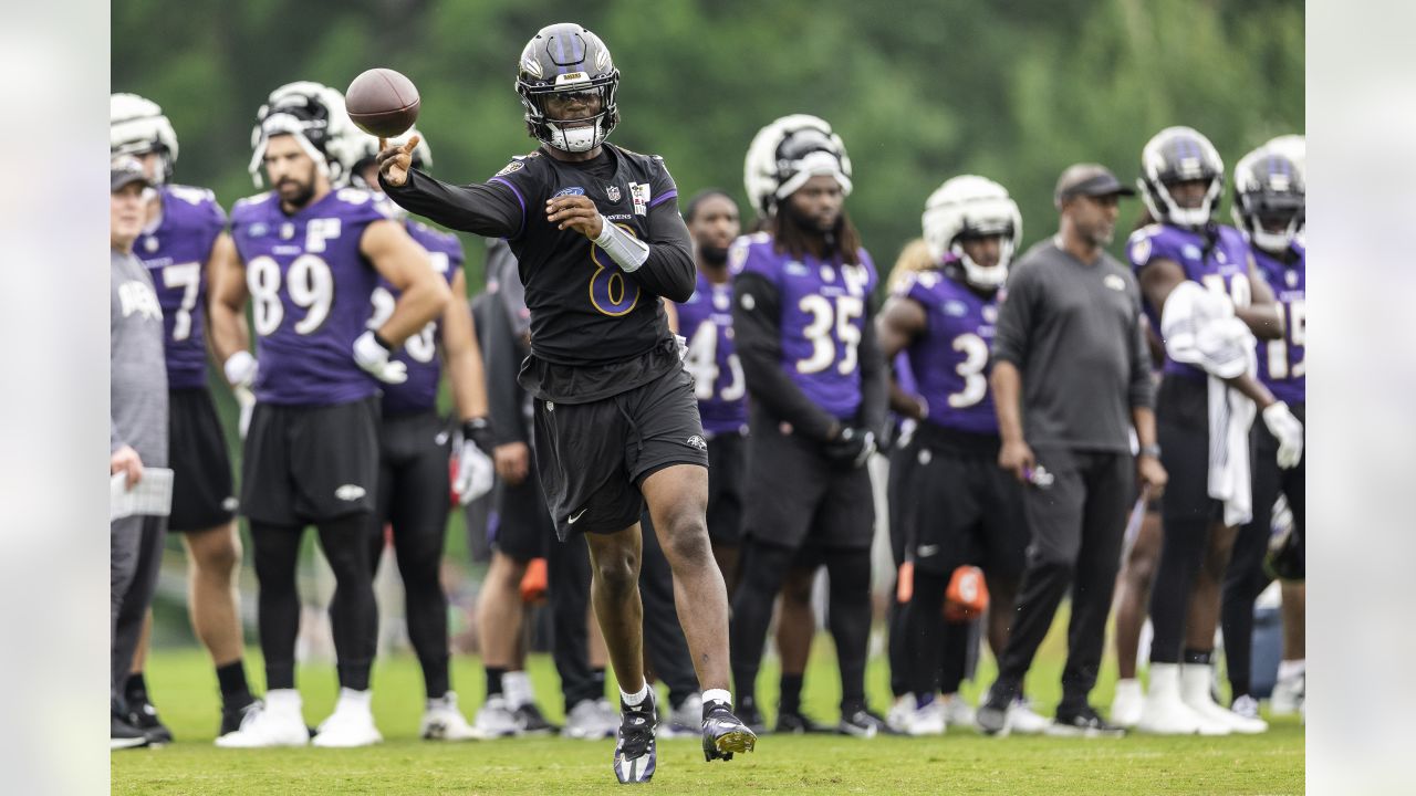 Baltimore Ravens quarterback Lamar Jackson (8) works out during the team's  NFL football training camp, Saturday, July 29, 2023, in Baltimore. (AP  Photo/Nick Wass Stock Photo - Alamy