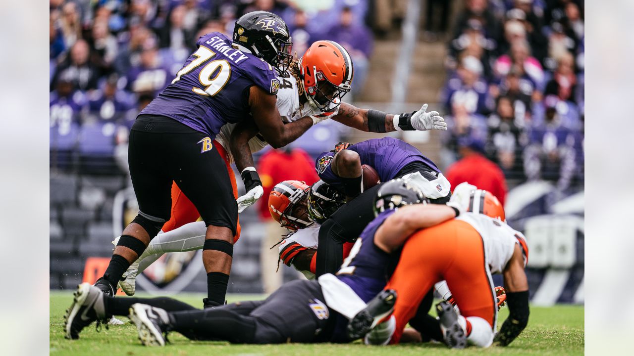 Cleveland Browns vs. Baltimore Ravens . NFL Game. American Football League  match. Silhouette of professional player celebrate touch down. Screen in ba  Stock Photo - Alamy